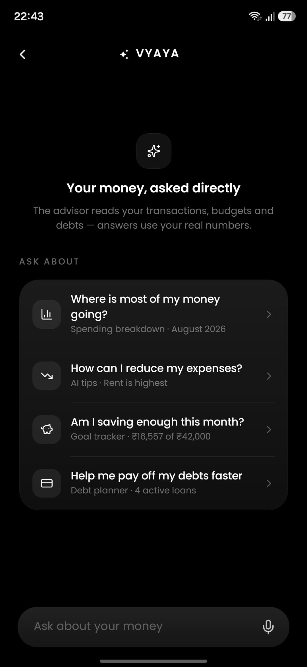 Vyaya AI advisor screen with suggested questions about spending, expenses, savings and paying off debt