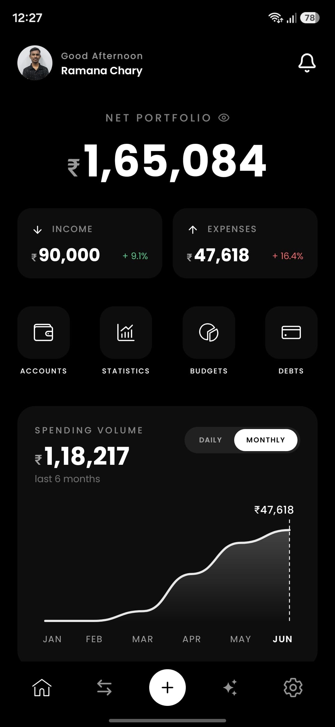 Vyaya dashboard showing net portfolio, income and expenses, and a spending chart