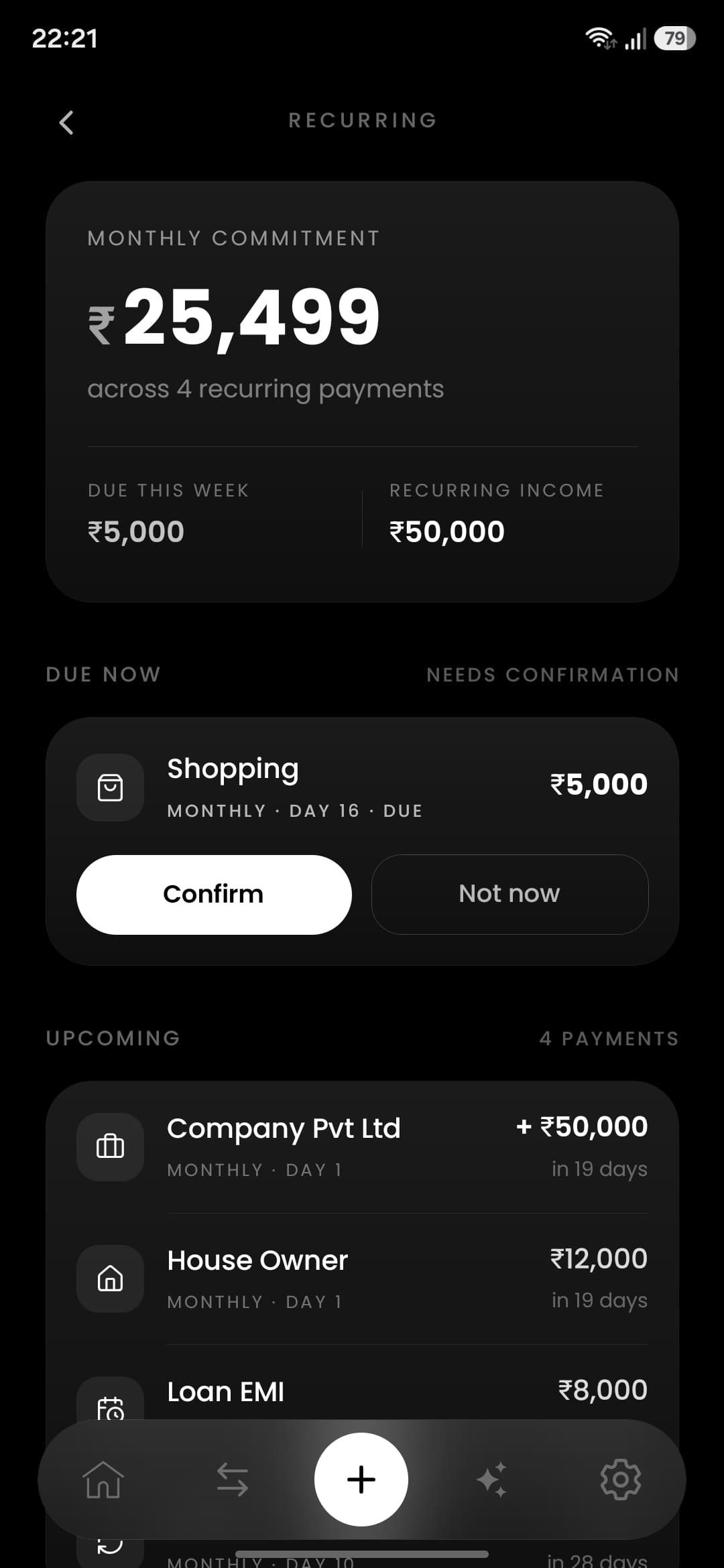Vyaya recurring payments screen with monthly commitment and upcoming bills