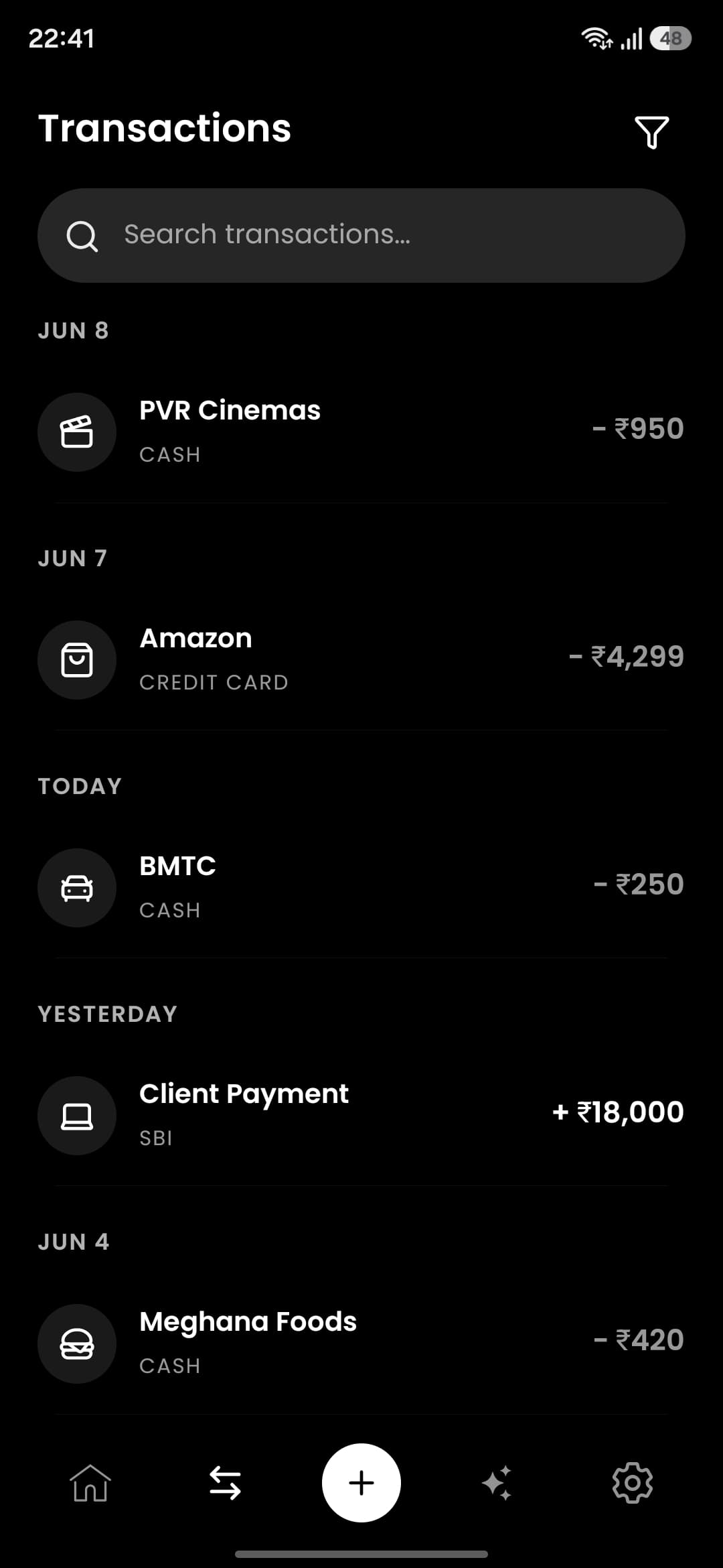 Vyaya Transactions screen
